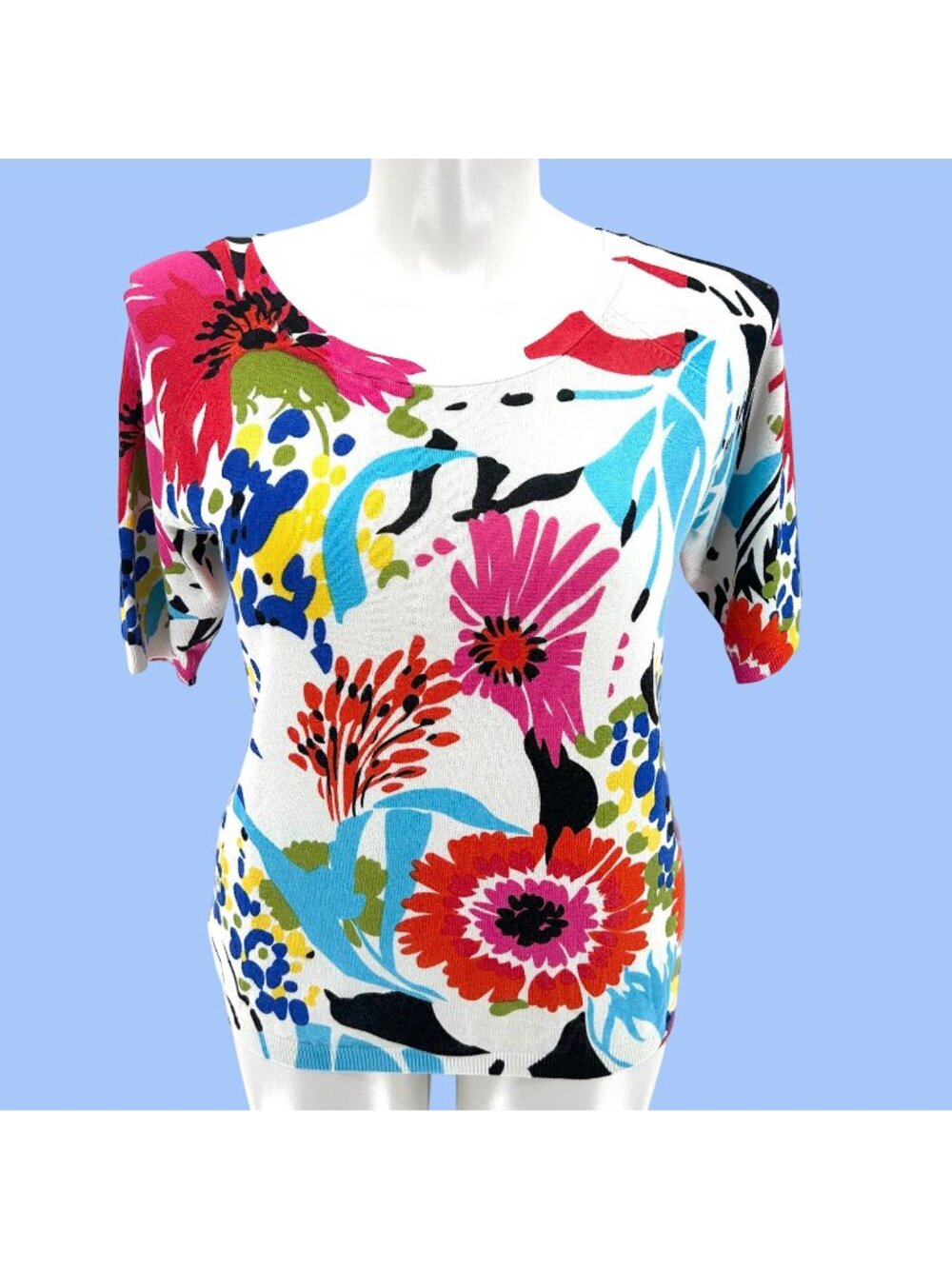 JOSEPH A COLORFUL FLORAL PRINT SHORT SLEEVE SWEATER - XL